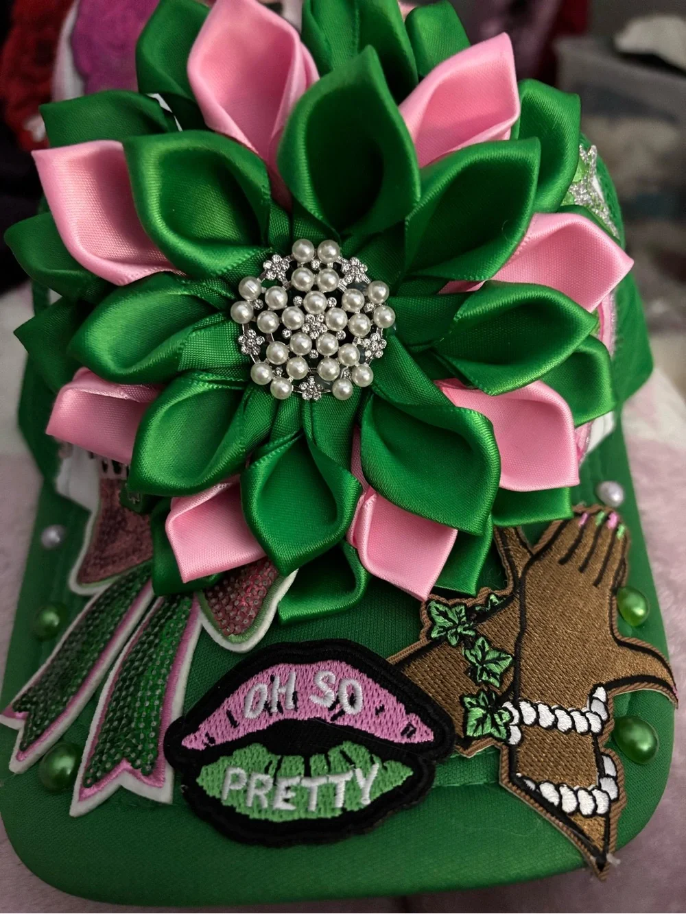 Green Trucker Hat with Pink & Green Ribbon Flower